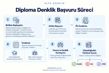 Alfa Denklik diploma denklik başvuru süreci: birlikte hazırlık, online başvuru, ön inceleme, inceleme, Tanıma ve Denklik Komisyonu ve Yükseköğretim Yürütme Kurulu aşamaları.